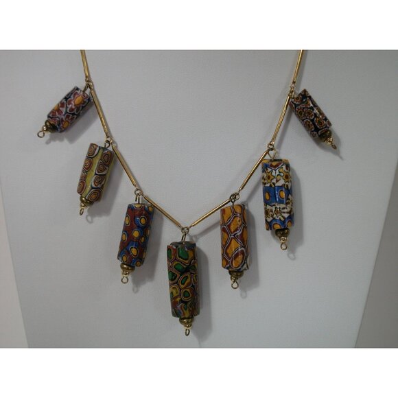 Vintage Millefiori Glass Bead Necklace With Gold-Tone Bar Links & Spring Ring - Picture 5 of 6